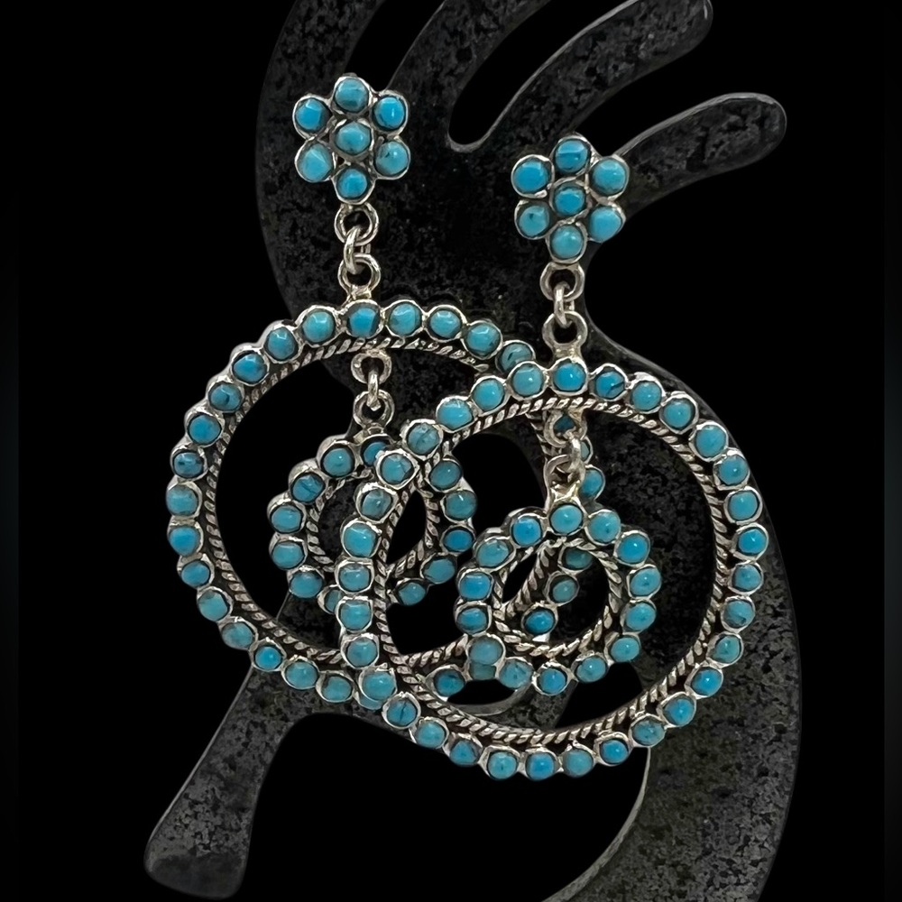 Zuni Native American Sterling Silver Blue Turquoise Petit Point Dangle Earrings